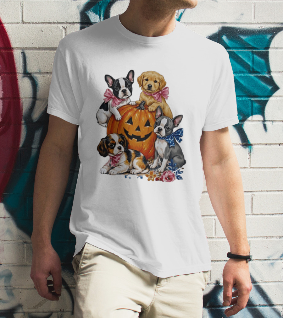 Puppies With Pink And Blue Bows Jack O' Lantern Pumpkin Halloween T-Shirt
