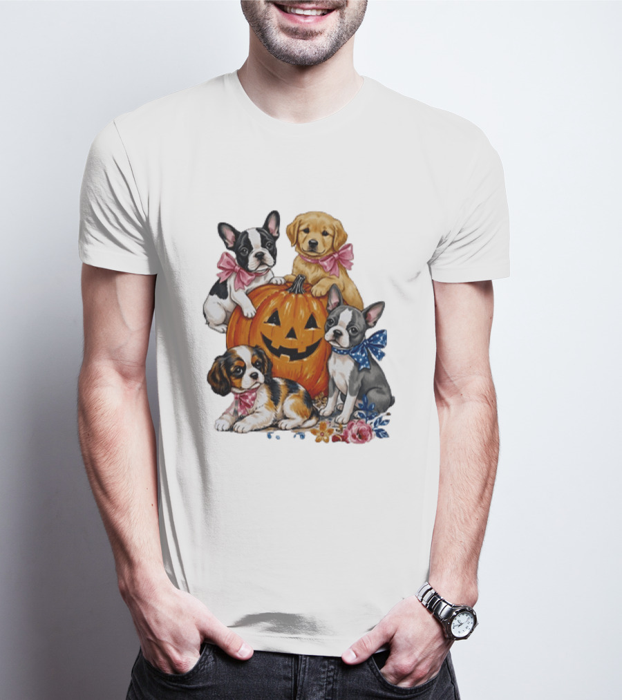 Puppies With Pink And Blue Bows Jack O' Lantern Pumpkin Halloween T-Shirt