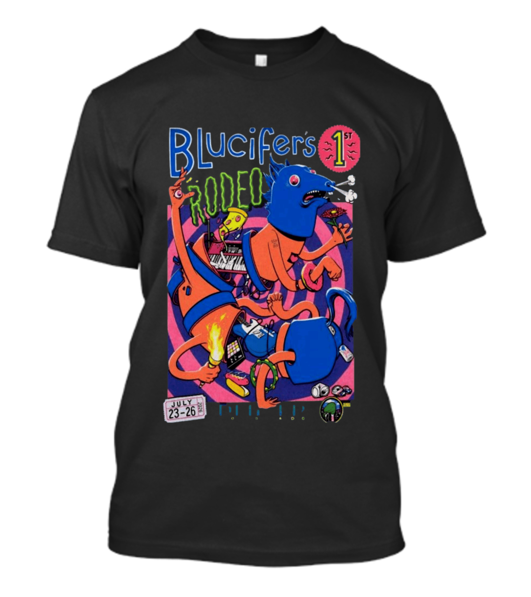 Blucifer's First Rodeo Denver CO July 23 26 2026 Colorful Cartoon T-Shirt