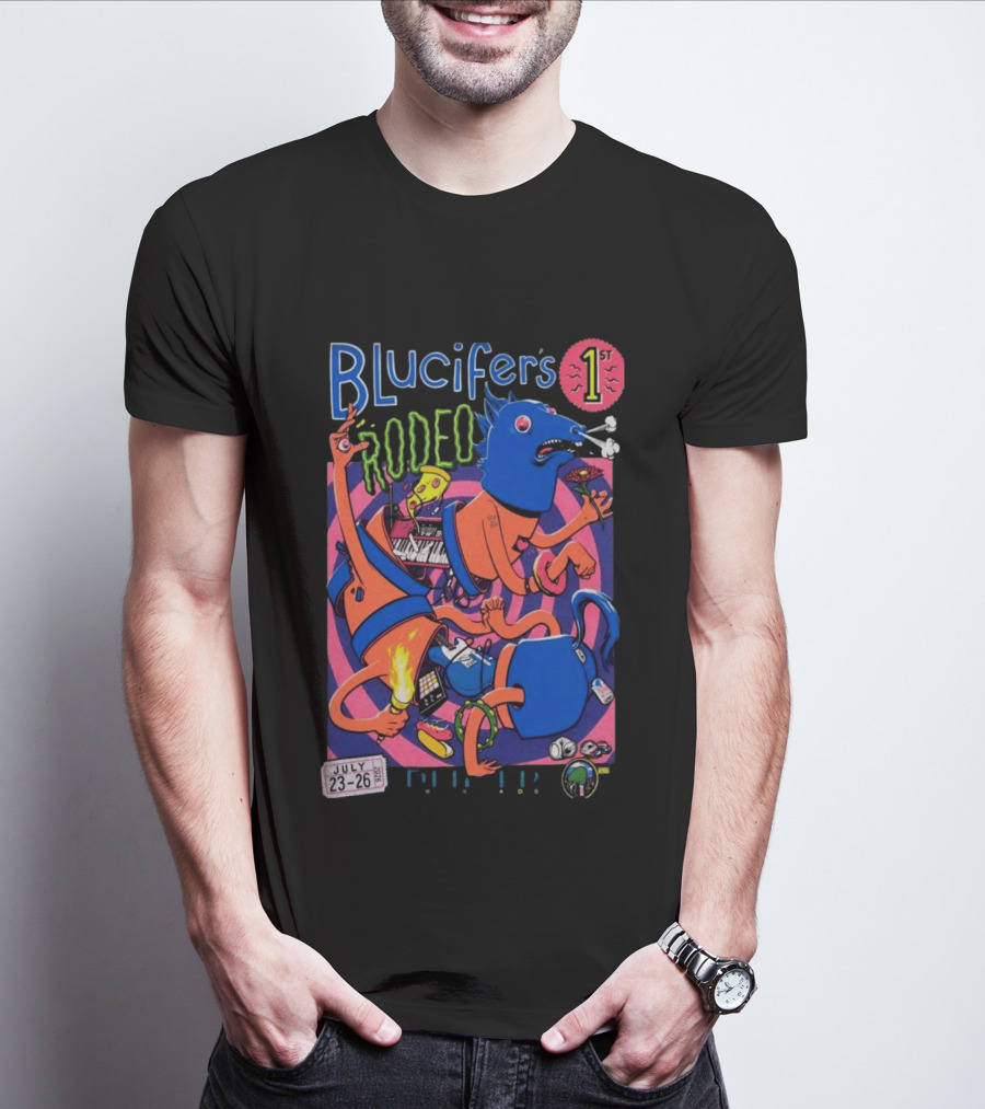 Blucifer's First Rodeo Denver CO July 23 26 2026 Colorful Cartoon T-Shirt