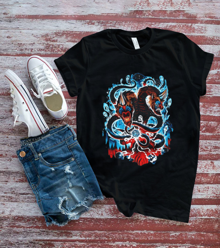 Demogorgon Dungeons And Dragons Two Heads Souls Blue Flames 20 T-Shirt