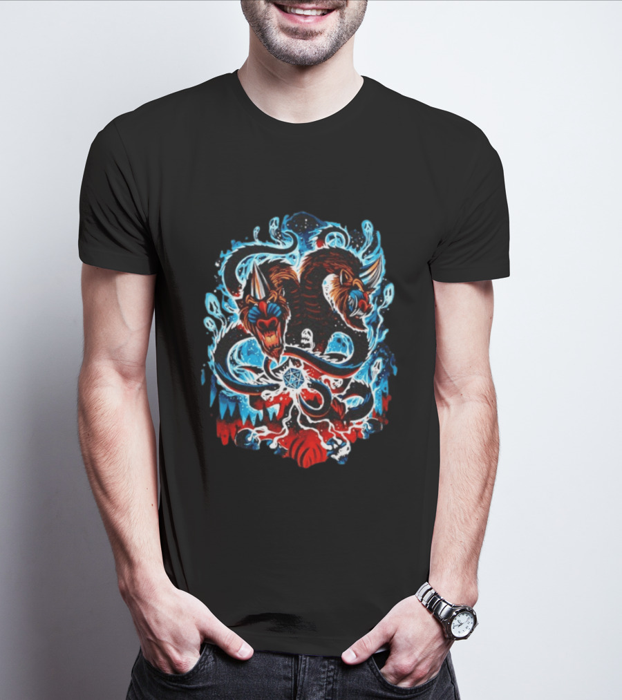 Demogorgon Dungeons And Dragons Two Heads Souls Blue Flames 20 T-Shirt