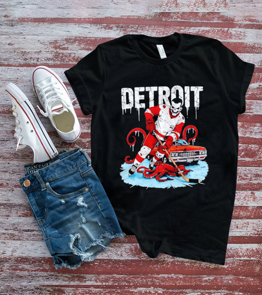 Detroit Hockey Skeleton Octopus Muscle Car T-Shirt