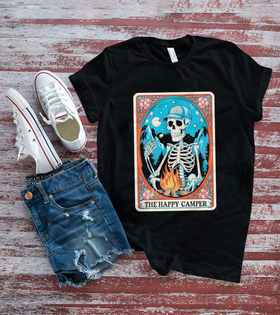 The Happy Camper Skeleton 33 Marshmallow Campfire Scene T-Shirt