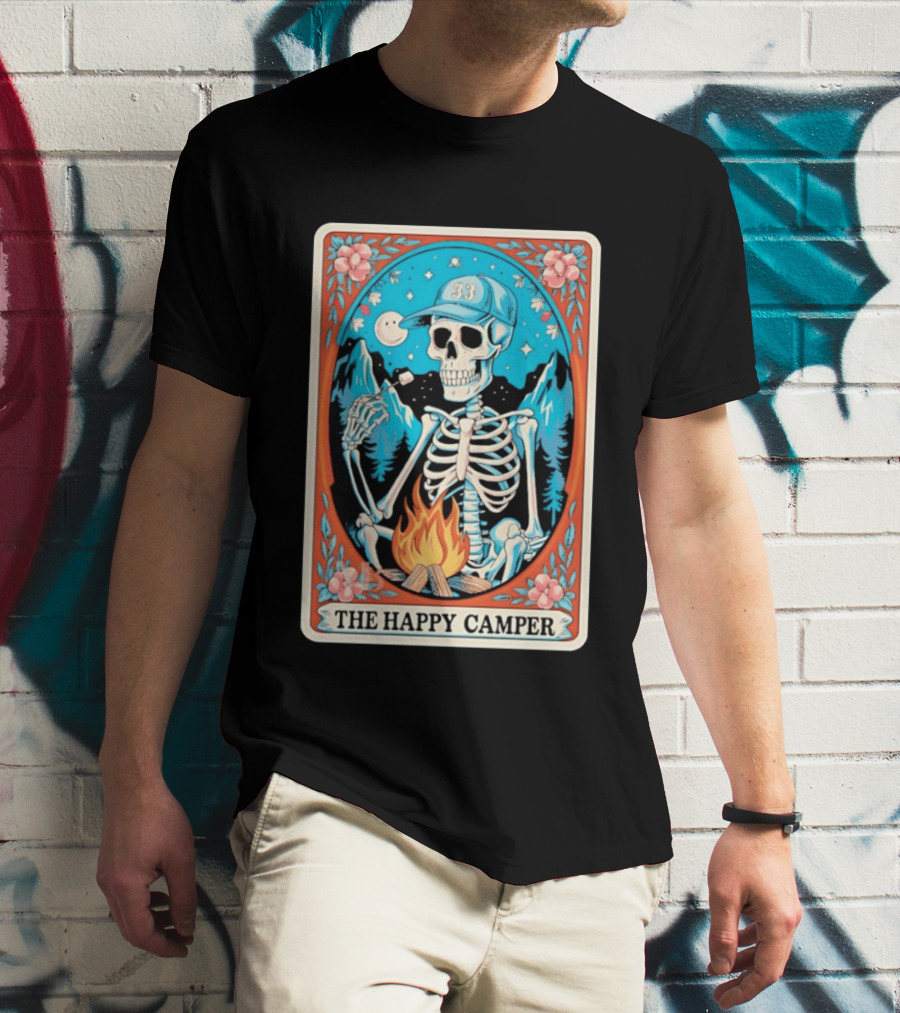 The Happy Camper Skeleton 33 Marshmallow Campfire Scene T-Shirt