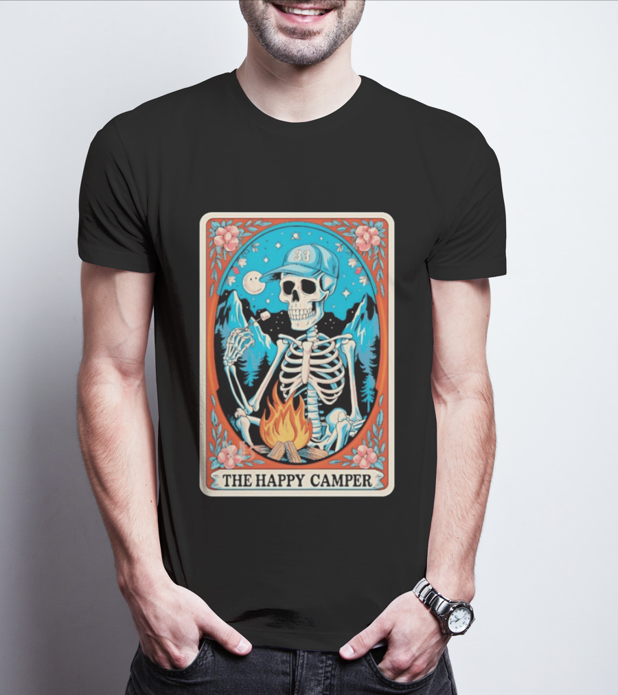 The Happy Camper Skeleton 33 Marshmallow Campfire Scene T-Shirt