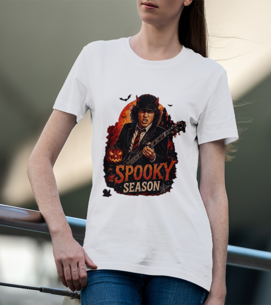 Spooky Season Angus Young Halloween AC DC Inspired Pumpkin Guitar T-Shirt