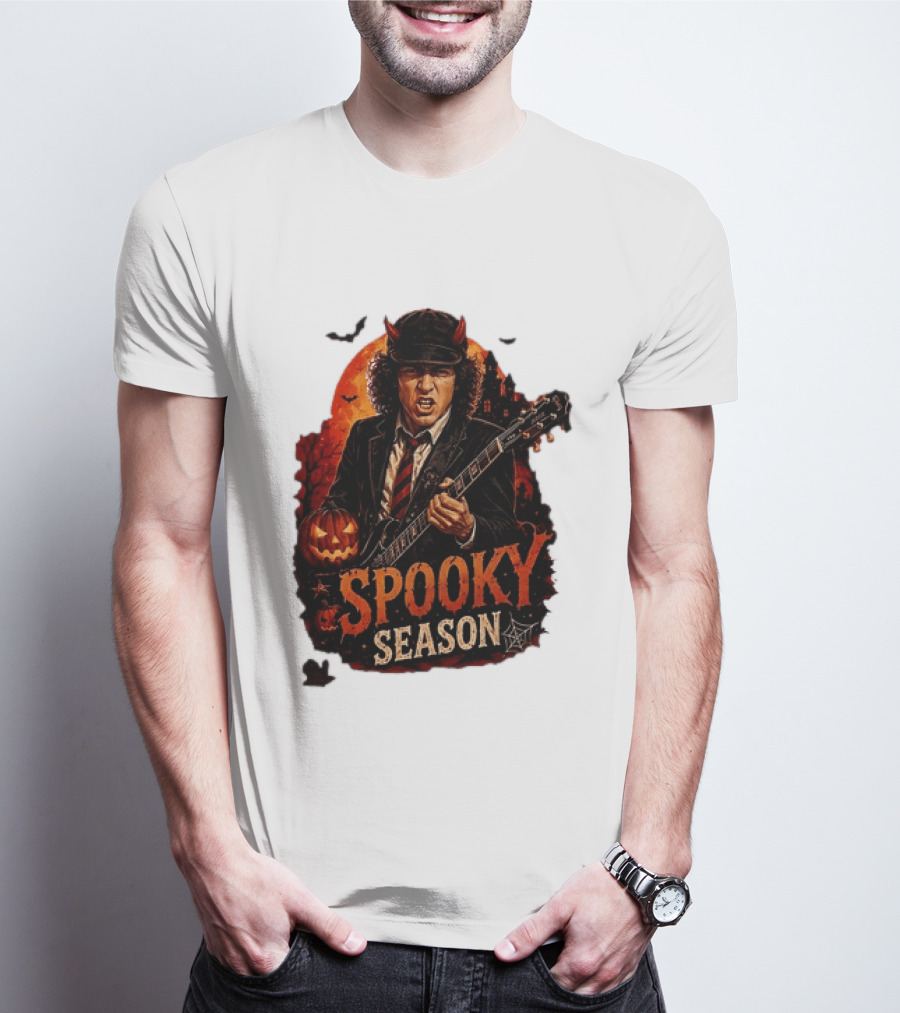 Spooky Season Angus Young Halloween AC DC Inspired Pumpkin Guitar T-Shirt