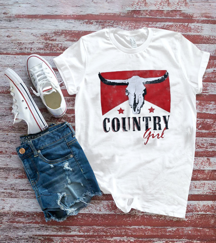 Country Girl Western Bull Skull Red Star Banner T-Shirt