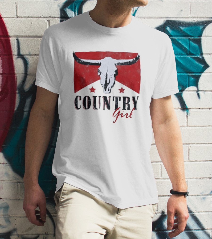 Country Girl Western Bull Skull Red Star Banner T-Shirt