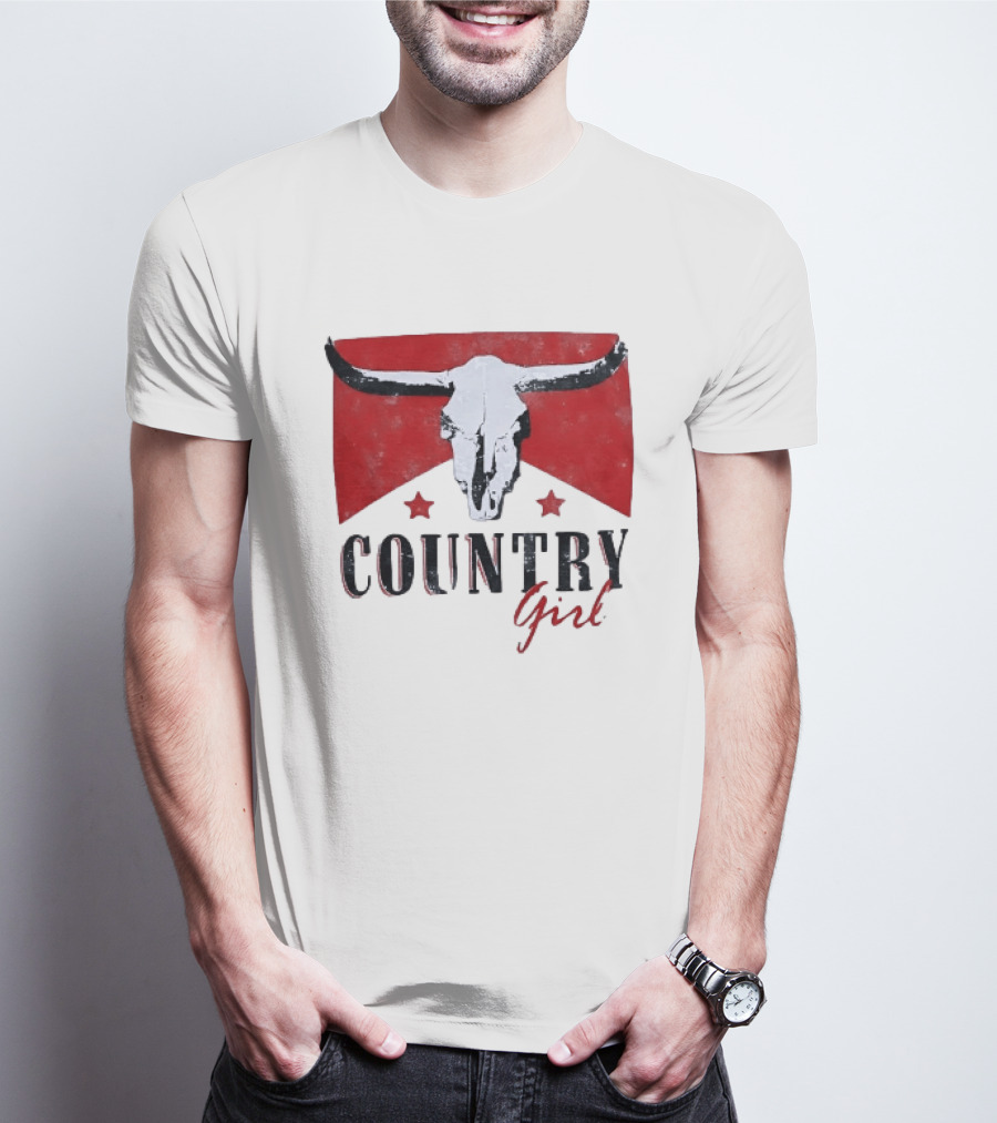 Country Girl Western Bull Skull Red Star Banner T-Shirt