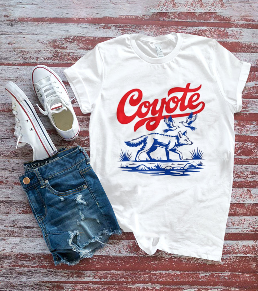 Coyote With Birds In Desert Scene Wild Western Desert T-Shirt