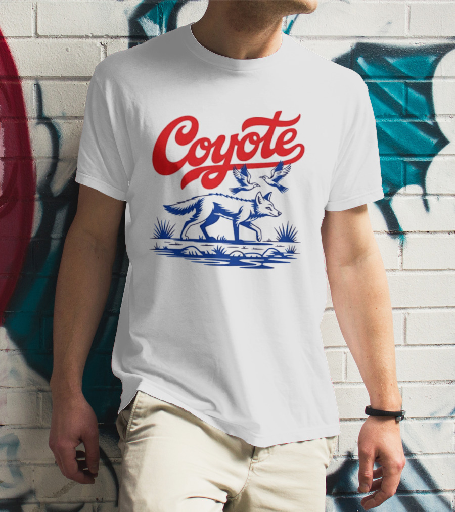 Coyote With Birds In Desert Scene Wild Western Desert T-Shirt