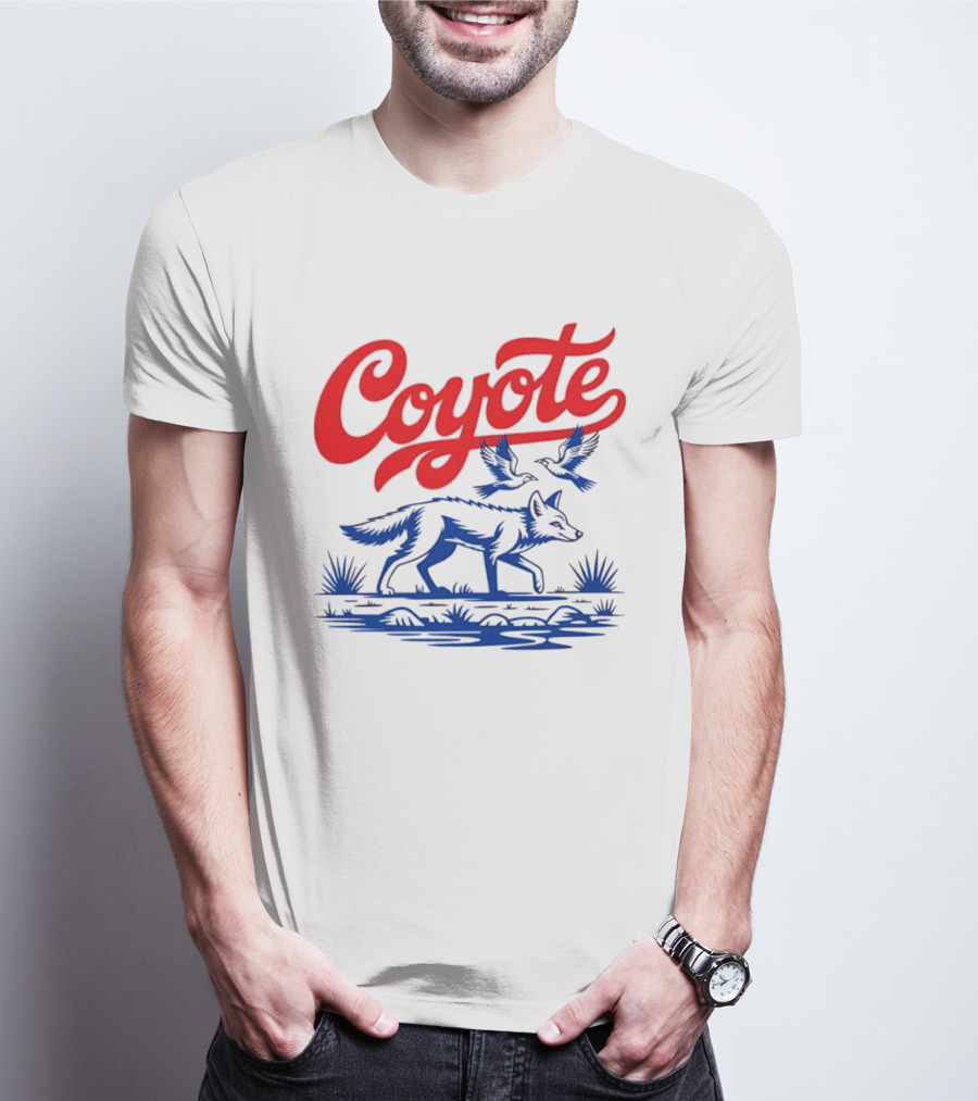 Coyote With Birds In Desert Scene Wild Western Desert T-Shirt