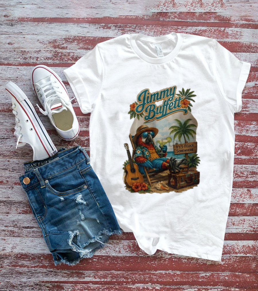 Jimmy Buffett It's 5 O' Somewhere Tropical Parrot Beach Guitar Cocktails Palm Trees T-Shirt