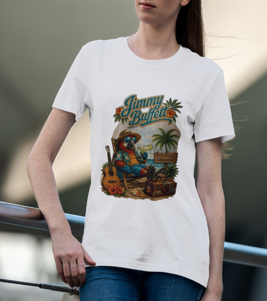 Jimmy Buffett It's 5 O' Somewhere Tropical Parrot Beach Guitar Cocktails Palm Trees T-Shirt