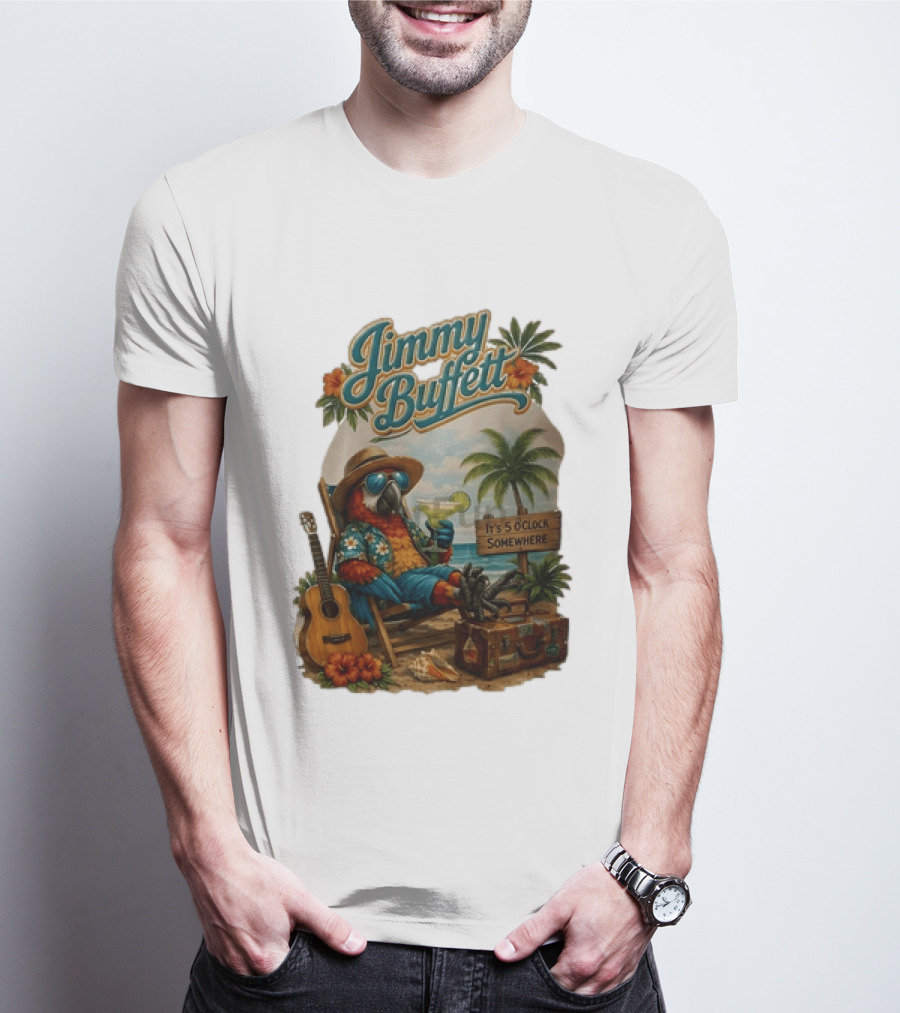 Jimmy Buffett It's 5 O' Somewhere Tropical Parrot Beach Guitar Cocktails Palm Trees T-Shirt