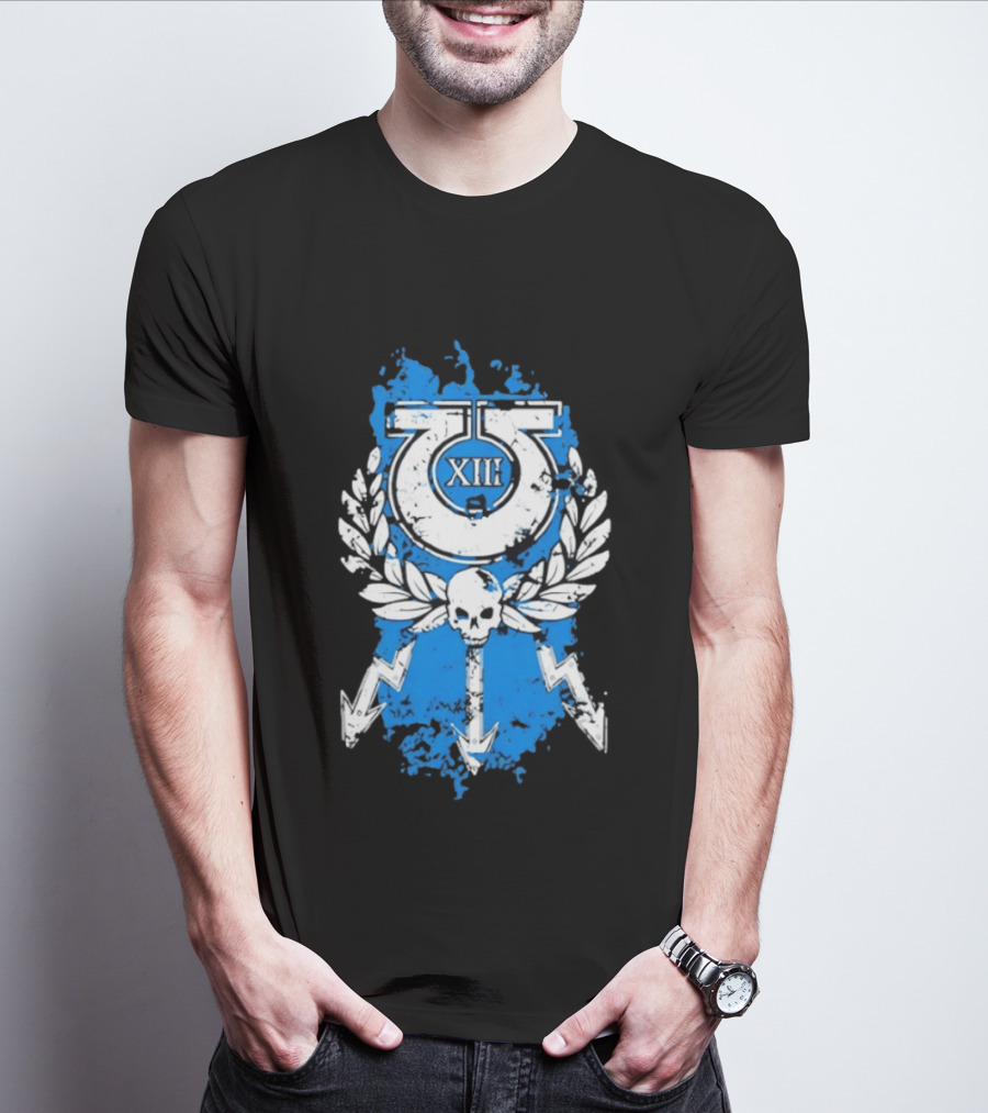 XIII Ultramarines Distressed Warhammer 40k Skull Lightning Laurel T-Shirt