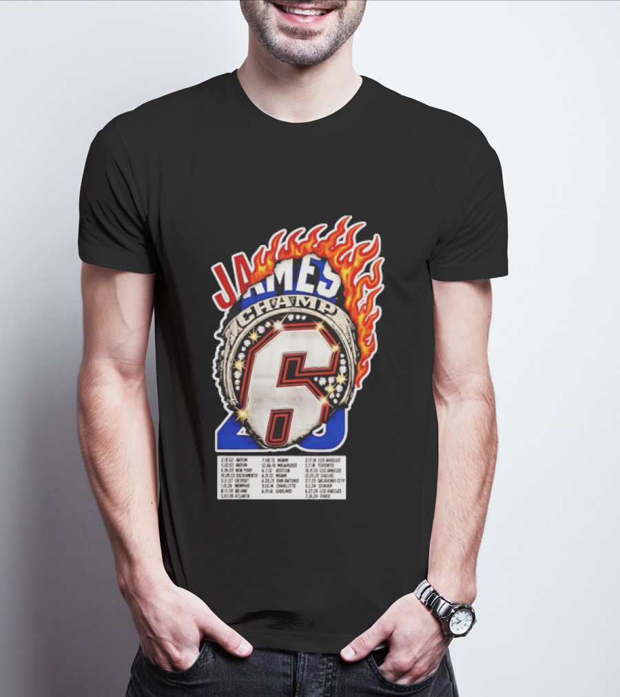 LeBron James Champ 6 Milestone Dates Cleveland Miami Los Angeles 2012 2013 2016 2020 T-Shirt