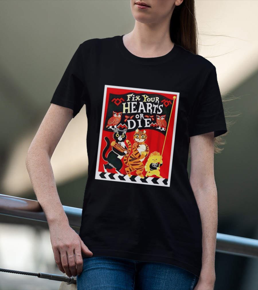 Twin Peaks Cats Fix Your Hearts Or Die David Lynch Owls Red Banner T-Shirt