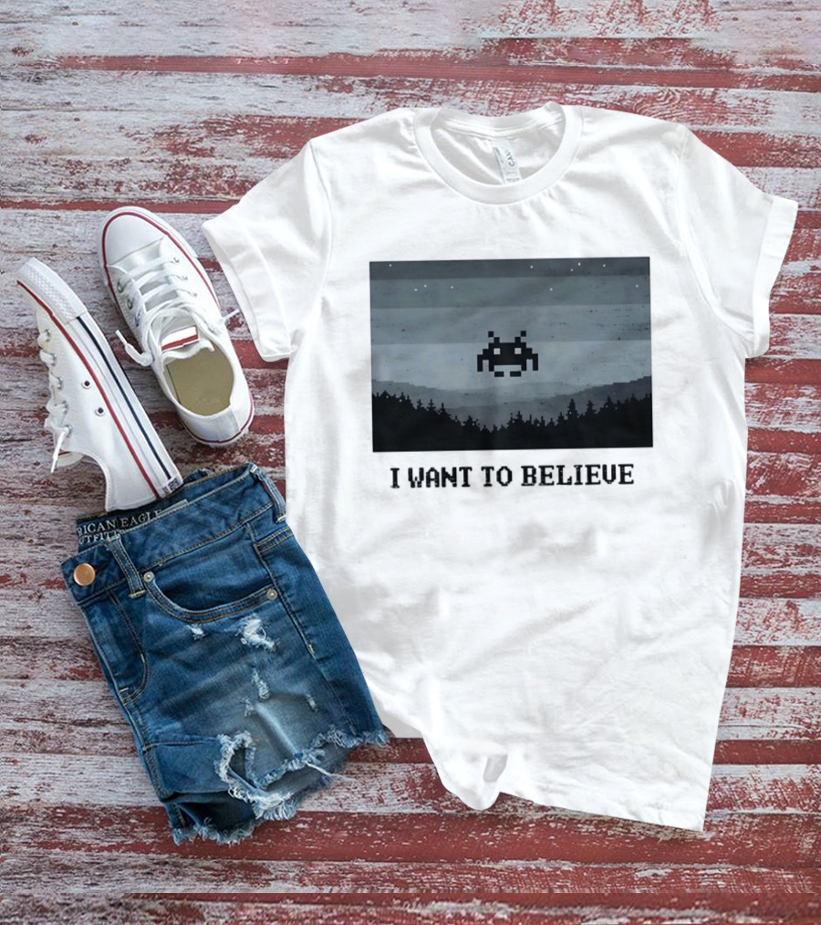 I Want To Believe Space Invader Pixel UFO Forest Scene T-Shirt
