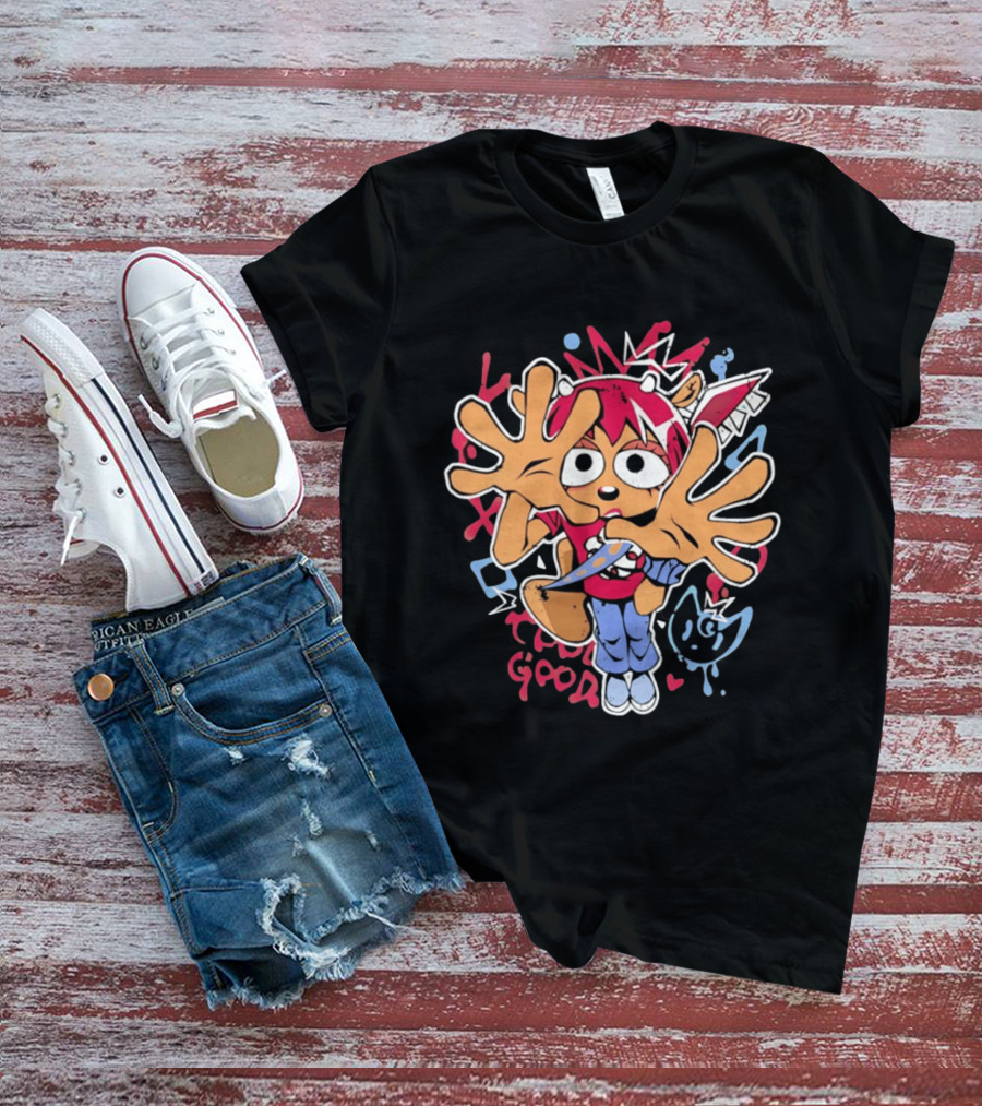 True Good Anime Distressed Graffiti Cartoon Character With Red Hair And Large Hands T-Shirt