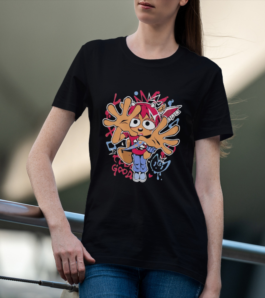 True Good Anime Distressed Graffiti Cartoon Character With Red Hair And Large Hands T-Shirt