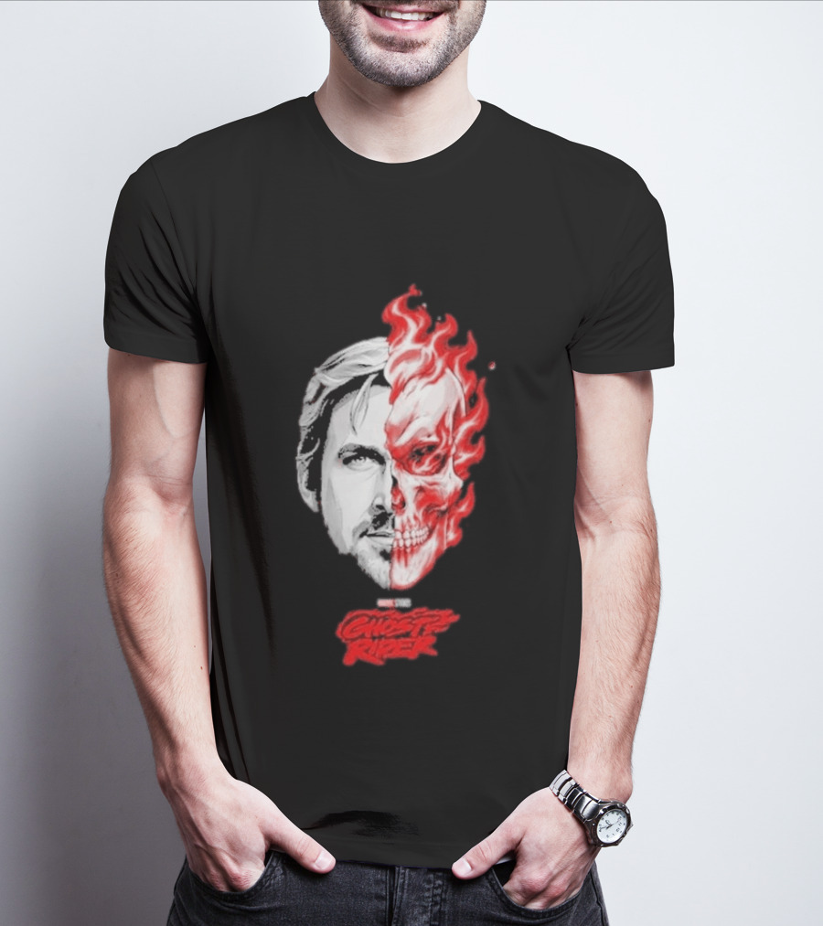 Ryan Gosling Ghost Rider 2028 Split Face Fiery Skull T-Shirt