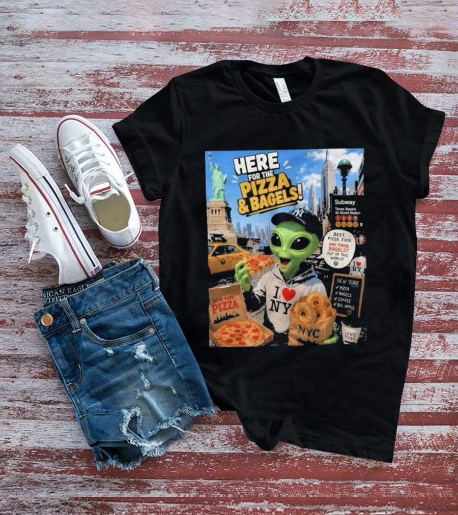 NYC Alien Loves Pizza And Bagels With Statue Of Liberty And Times Square Subway T-Shirt