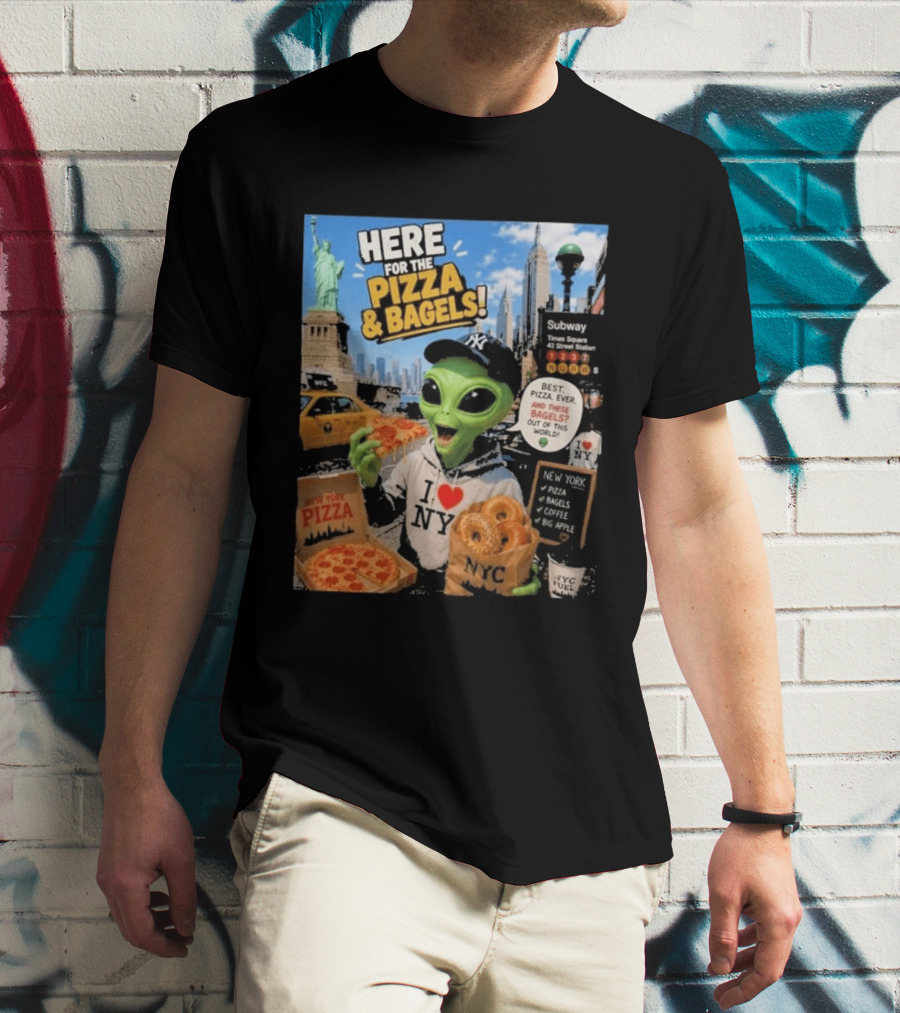 NYC Alien Loves Pizza And Bagels With Statue Of Liberty And Times Square Subway T-Shirt