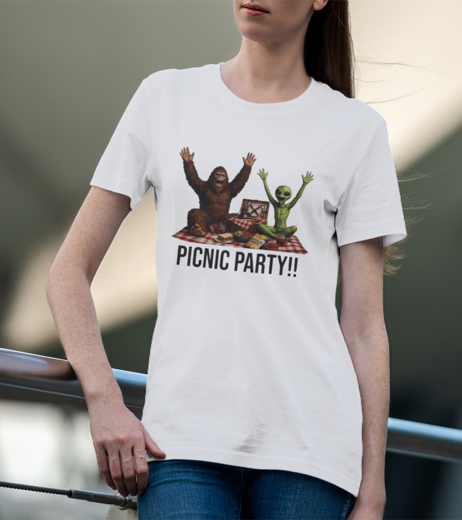 Bigfoot And Alien Picnic Party With Chips And Sandwiches T-Shirt