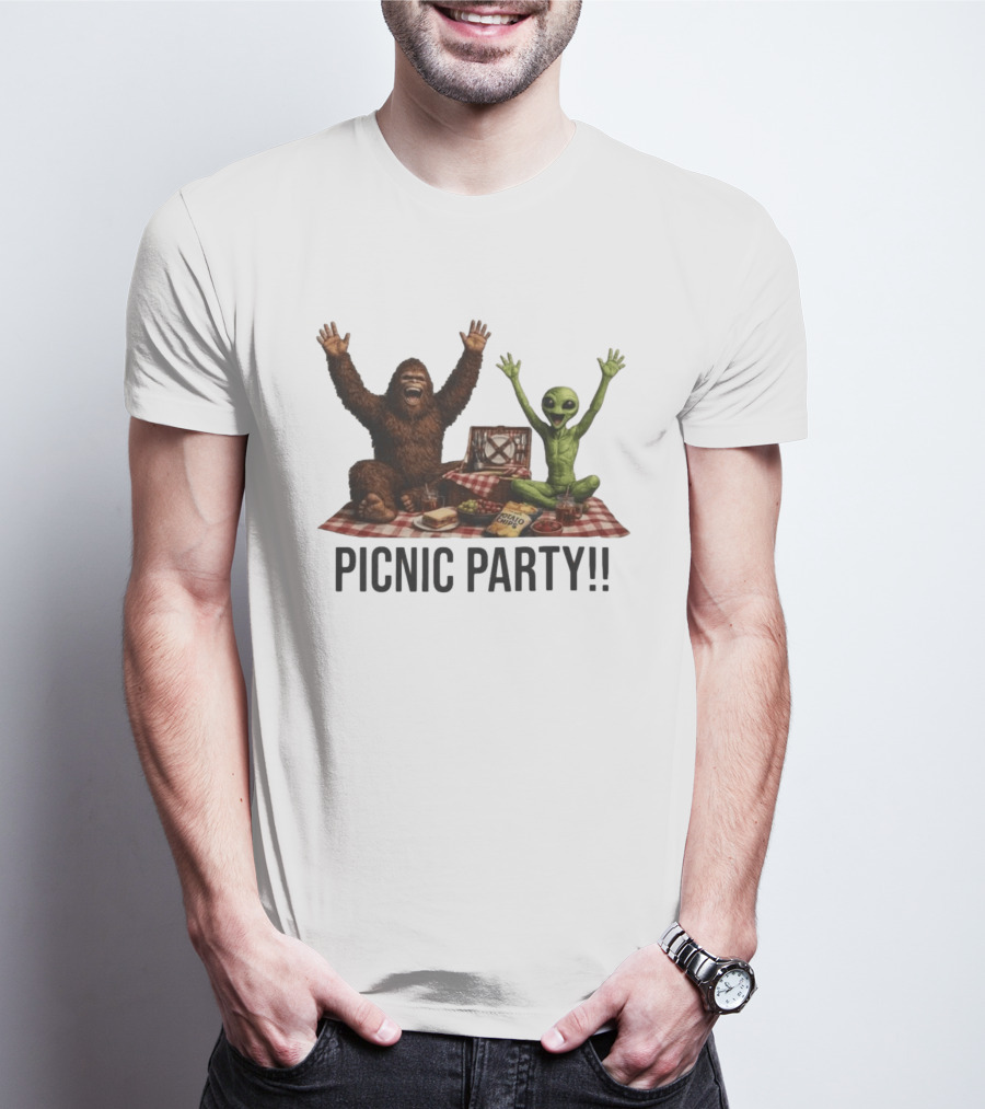 Bigfoot And Alien Picnic Party With Chips And Sandwiches T-Shirt
