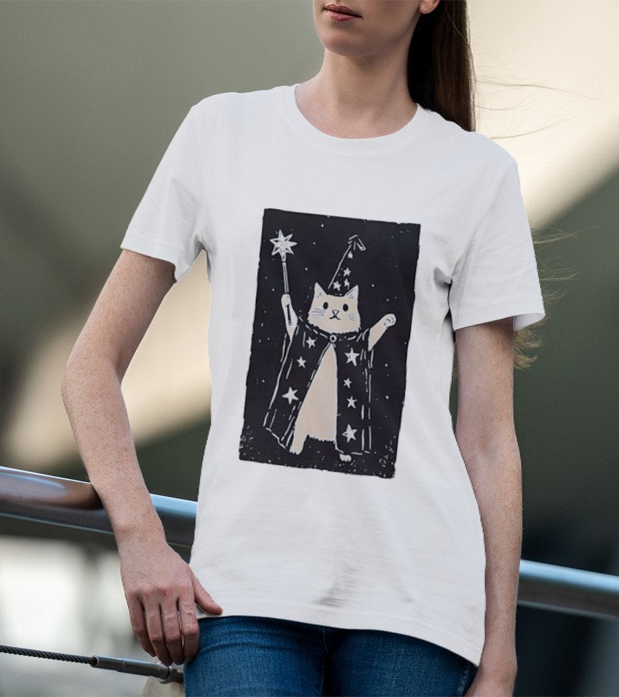 The Magician Cat Tarot Card Wizard Hat Starry Cloak Magic Wand T-Shirt