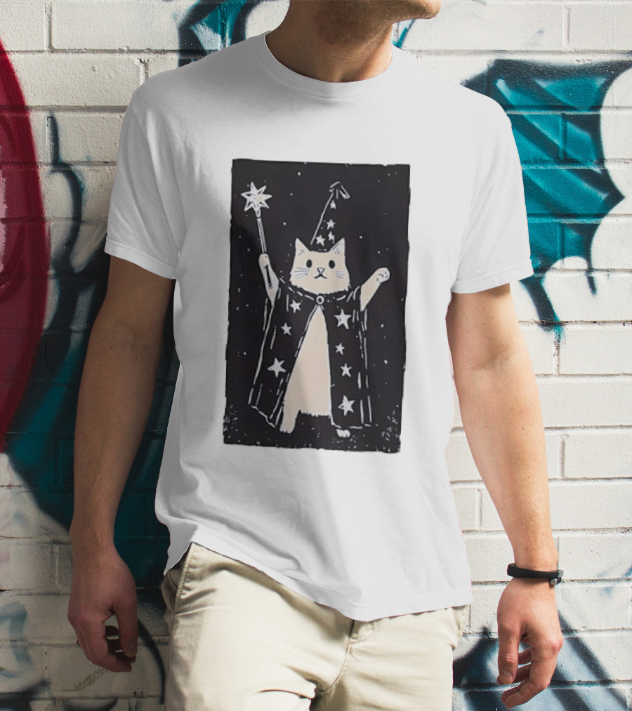 The Magician Cat Tarot Card Wizard Hat Starry Cloak Magic Wand T-Shirt