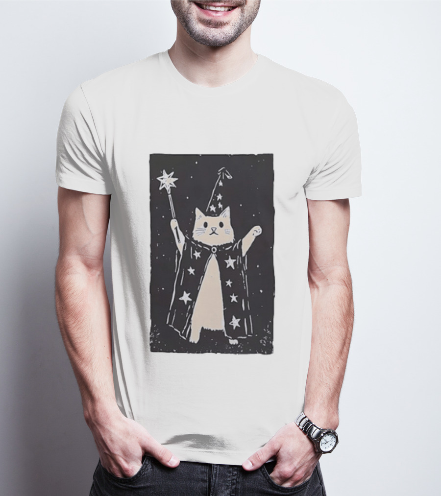 The Magician Cat Tarot Card Wizard Hat Starry Cloak Magic Wand T-Shirt