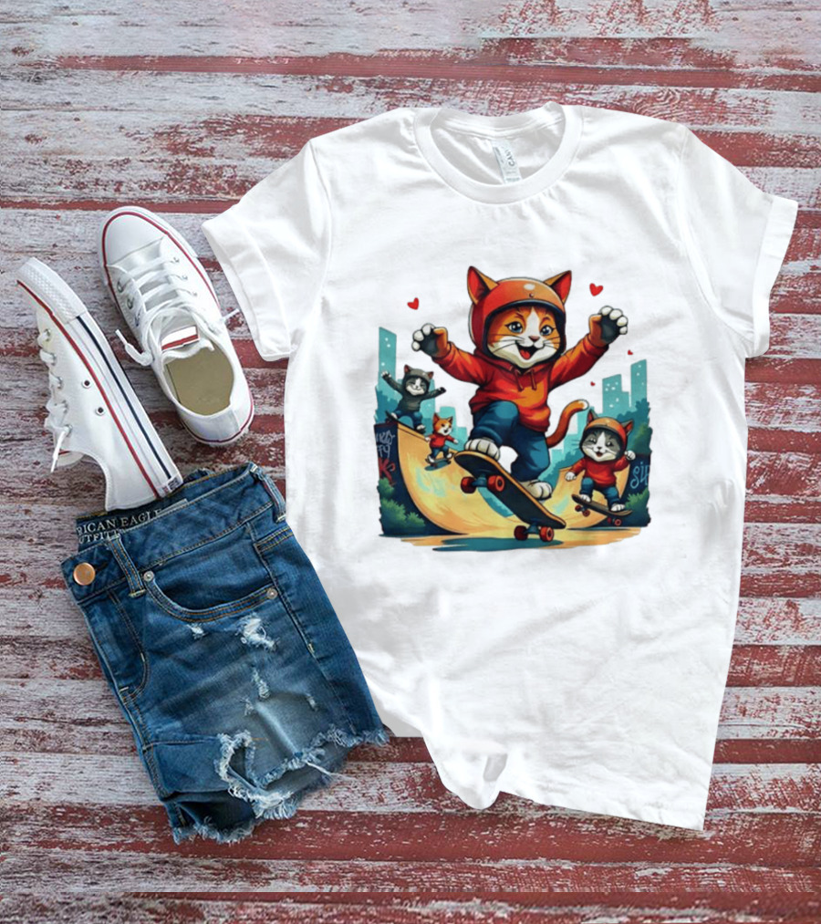 Skateboarding Cats In Helmets With Hearts And Cityscape T-Shirt