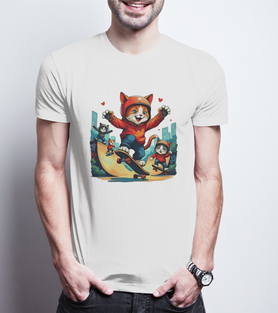 Skateboarding Cats In Helmets With Hearts And Cityscape T-Shirt