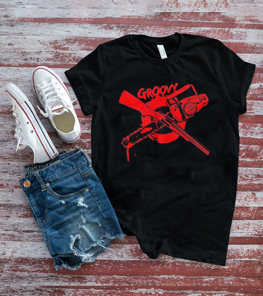Ash Williams Evil Dead Groovy Chainsaw Shotgun T-Shirt