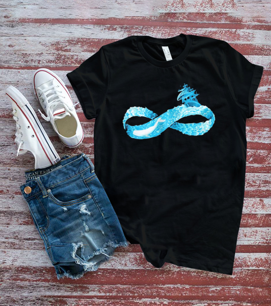 Infinity Symbol With Whale Swimming Beneath Sailing Ship Formed By Ocean Waves T-Shirt