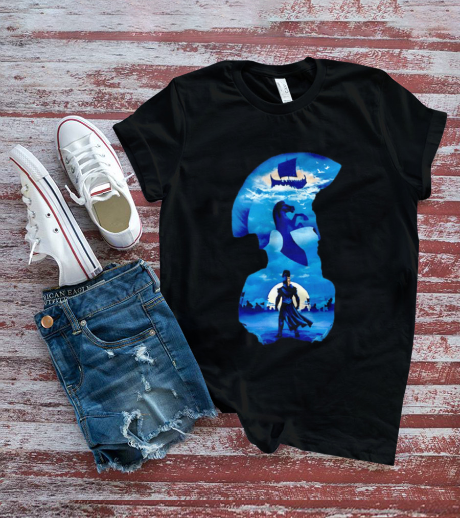 Spartan Warrior With Trojan Horse And Ancient Ship In Mythical Blue Scene T-Shirt