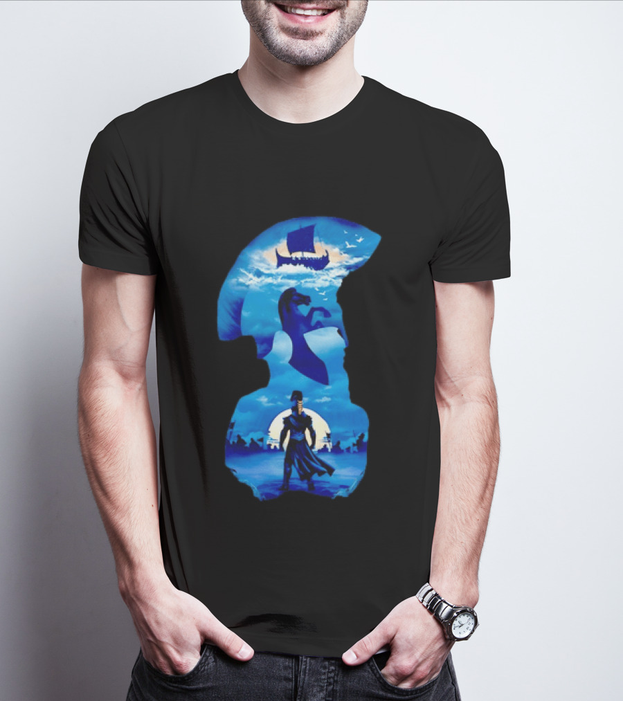 Spartan Warrior With Trojan Horse And Ancient Ship In Mythical Blue Scene T-Shirt