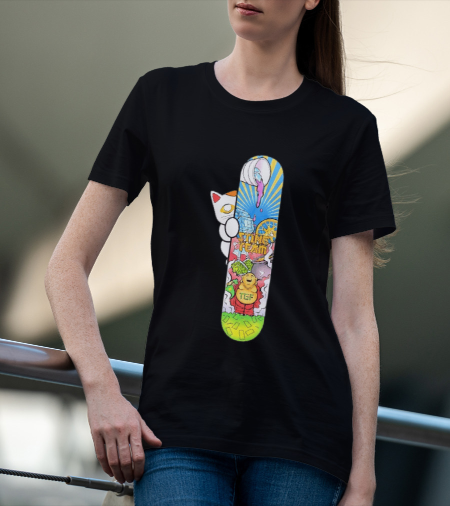 Stinc Team TGF Buddha Cat With Skateboard And Dripping Paint Aesthetic T-Shirt