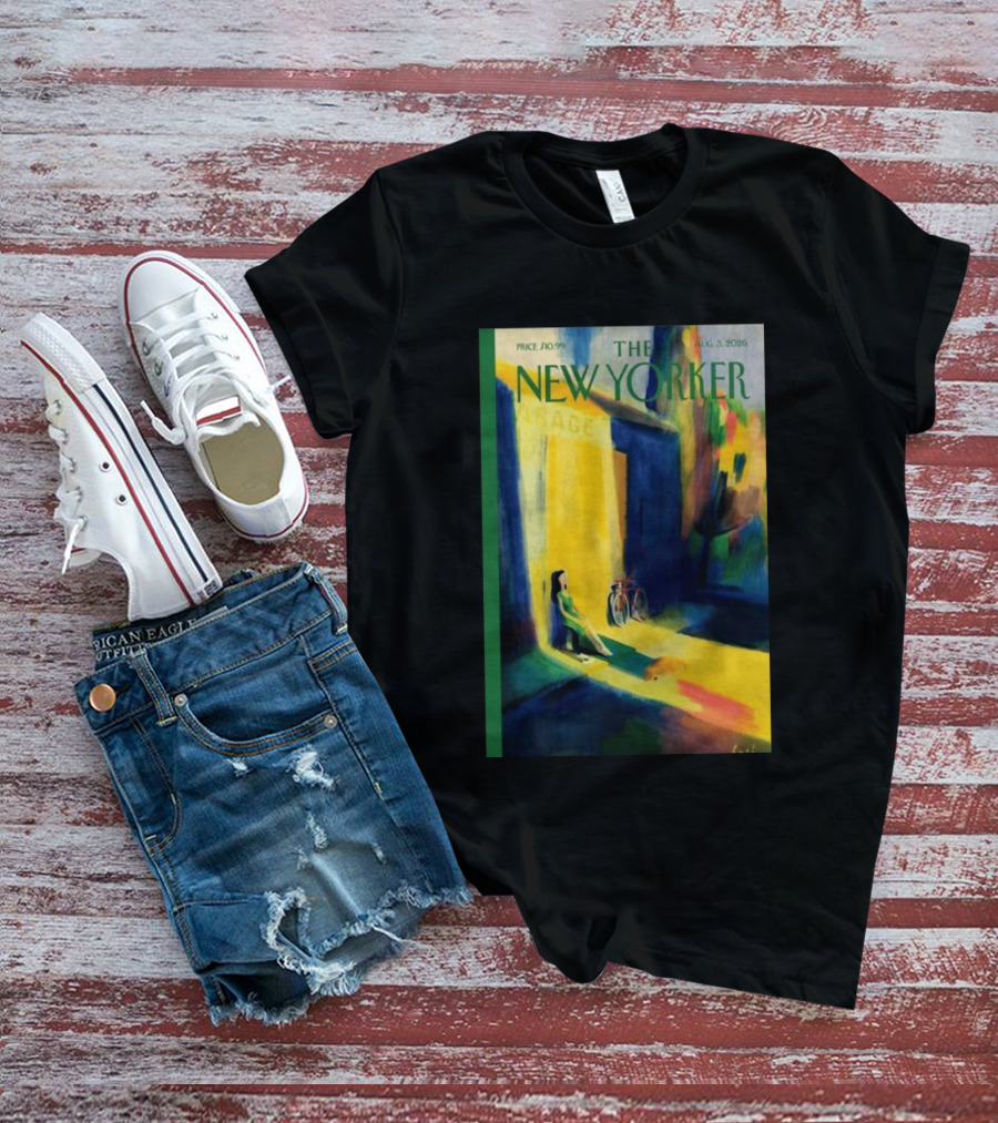 The New Yorker August 3 2026 Pierre Emmanuel Lyet Cover Art Female Figure With Bicycle In Vibrant Alley Scene T-Shirt