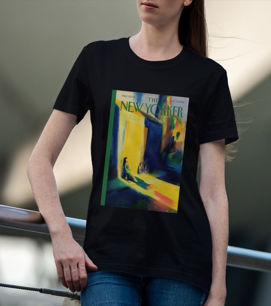 The New Yorker August 3 2026 Pierre Emmanuel Lyet Cover Art Female Figure With Bicycle In Vibrant Alley Scene T-Shirt