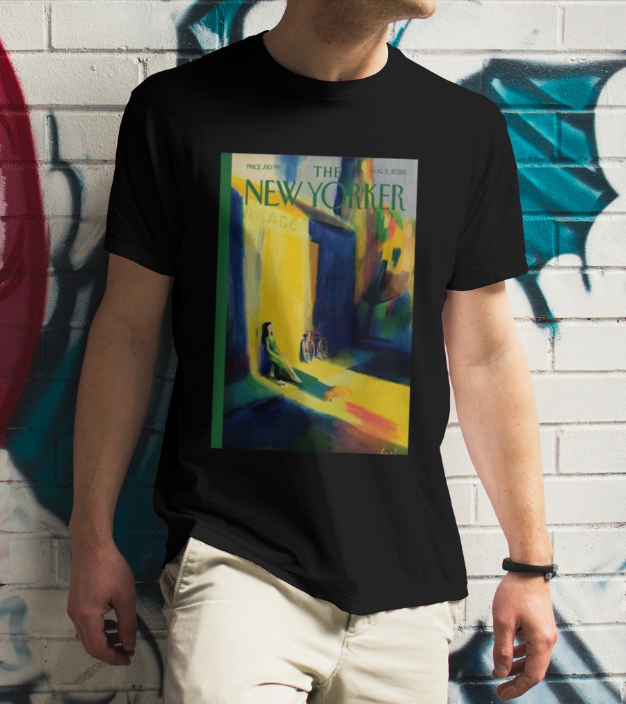 The New Yorker August 3 2026 Pierre Emmanuel Lyet Cover Art Female Figure With Bicycle In Vibrant Alley Scene T-Shirt