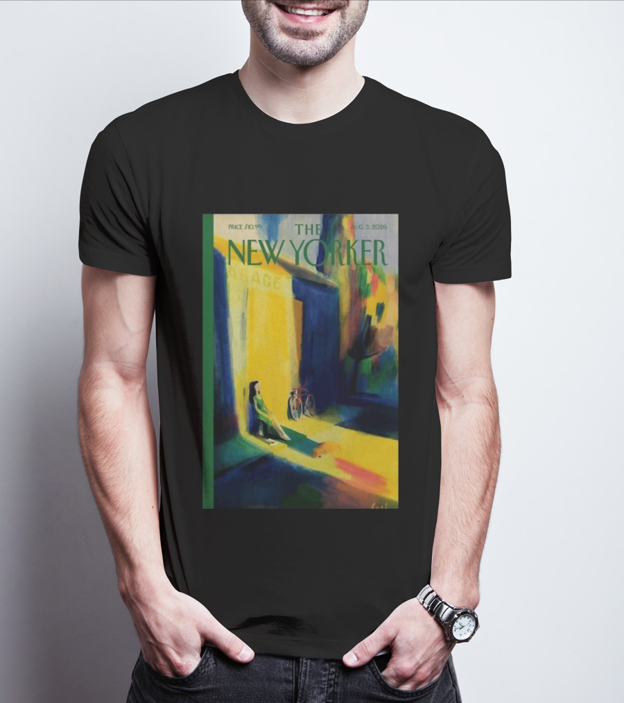 The New Yorker August 3 2026 Pierre Emmanuel Lyet Cover Art Female Figure With Bicycle In Vibrant Alley Scene T-Shirt