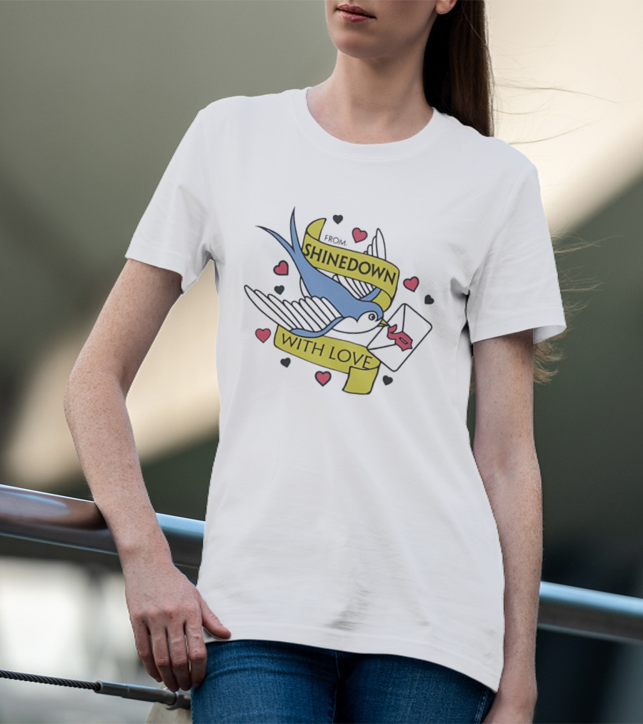 From Shinedown With Love Swallow Bird Carrying Letter Hearts Rock Music T-Shirt