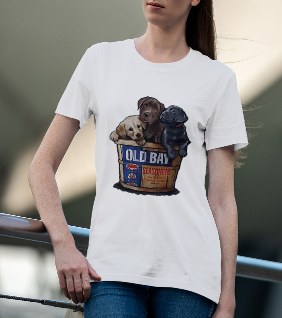Old Bay Seasoning Labrador Puppies In Bushel Basket For Seafood Poultry Salads Meats T-Shirt