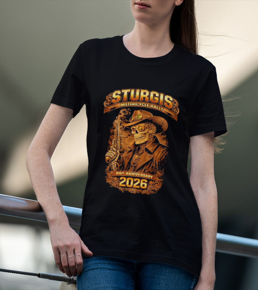 Sturgis Motorcycle Rally 2026 86th Anniversary Steampunk Cowboy Skull T-Shirt