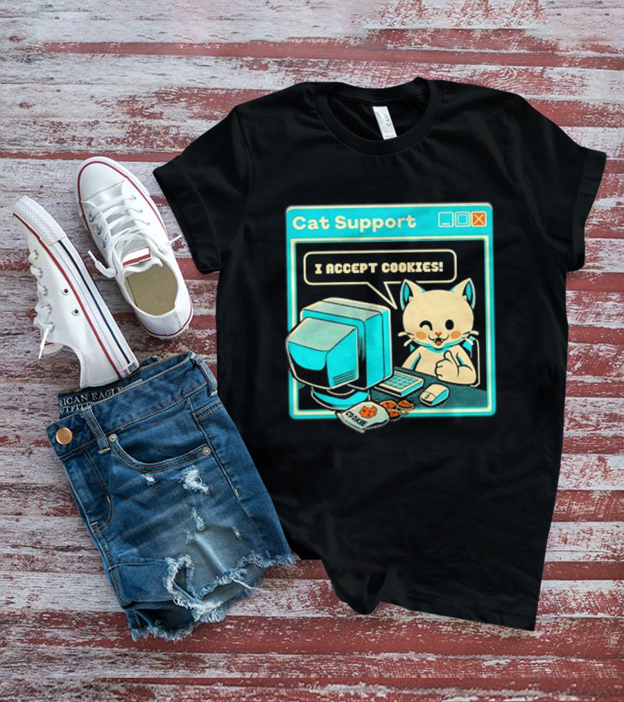 Cat Support I Accept Cookies Computer Cartoon Comic T-Shirt